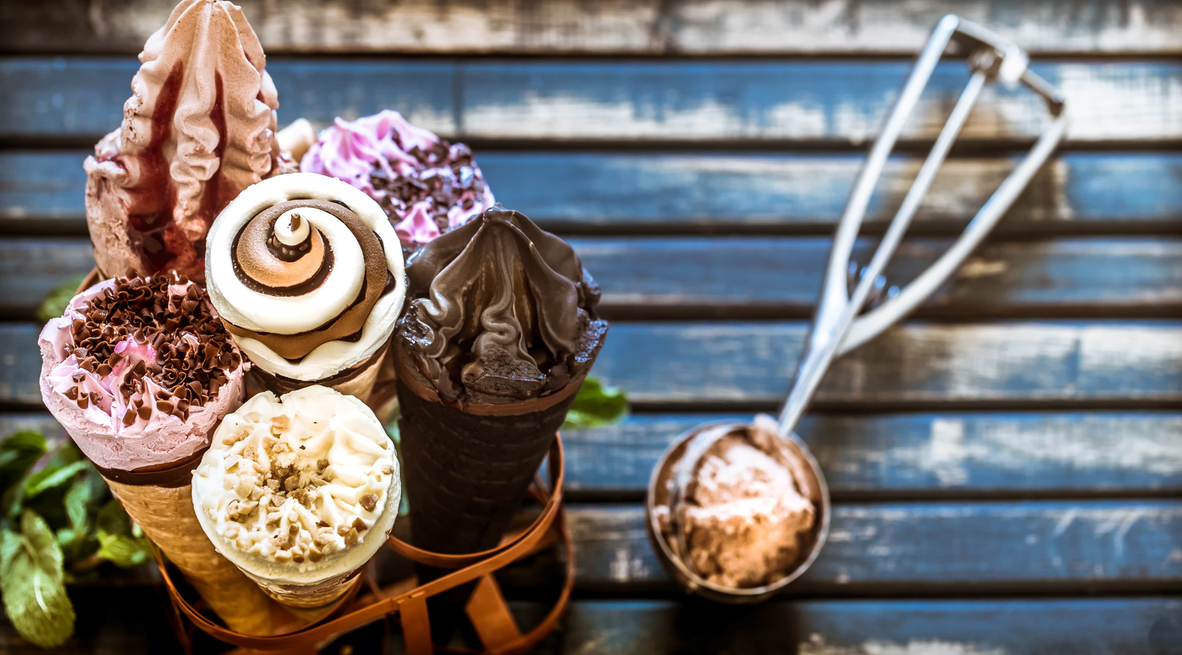 Variety of ice cream cones on a stand