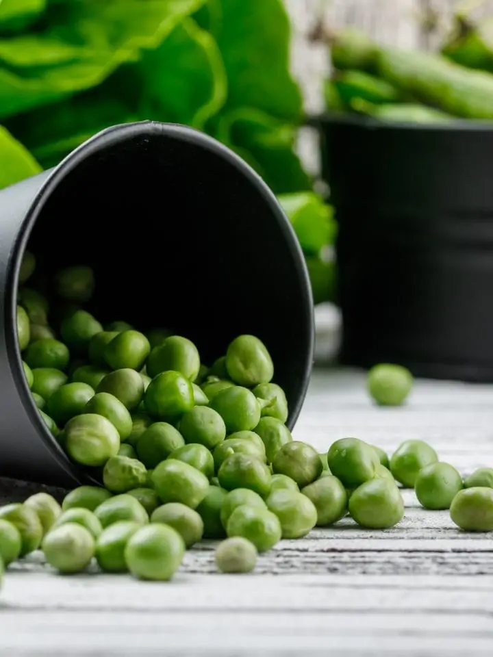 Green peas scattered from a bucket