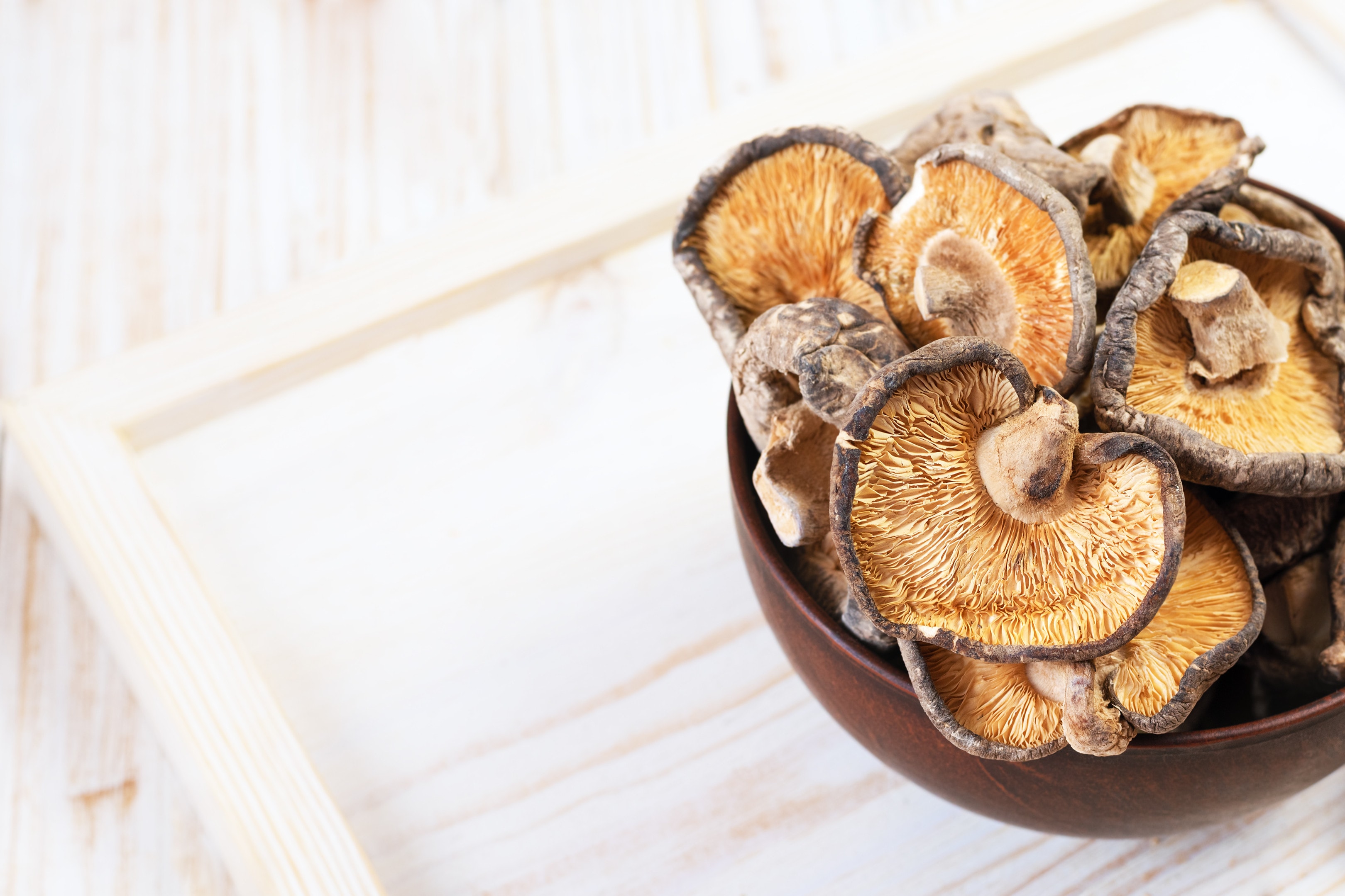 Close up of dried shiitake mushrooms in wooden bowl — nucleic acids food