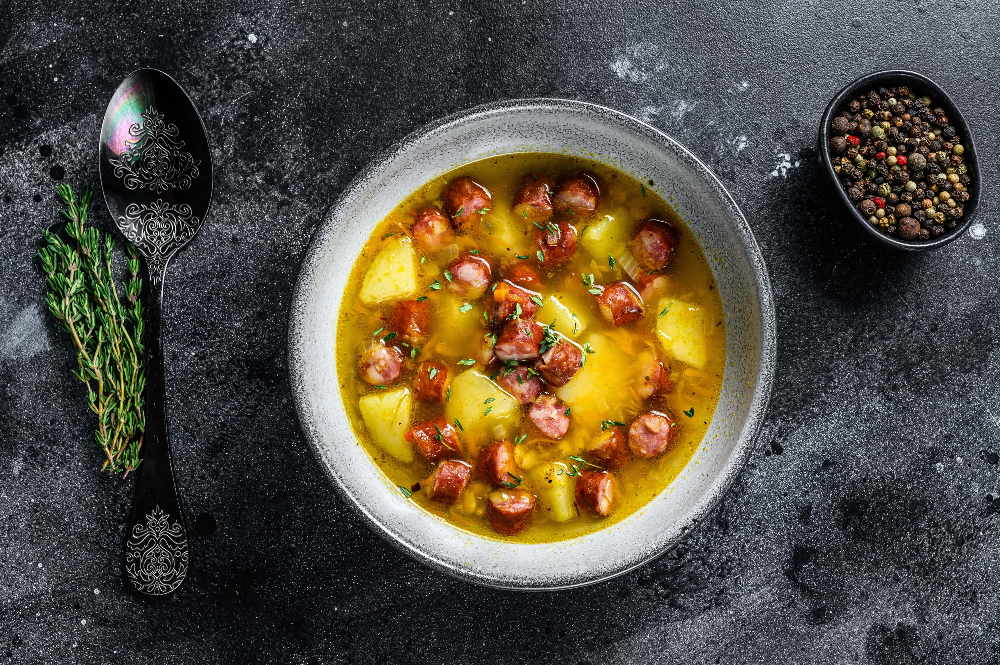 German yellow split pea soup with smoked sausages