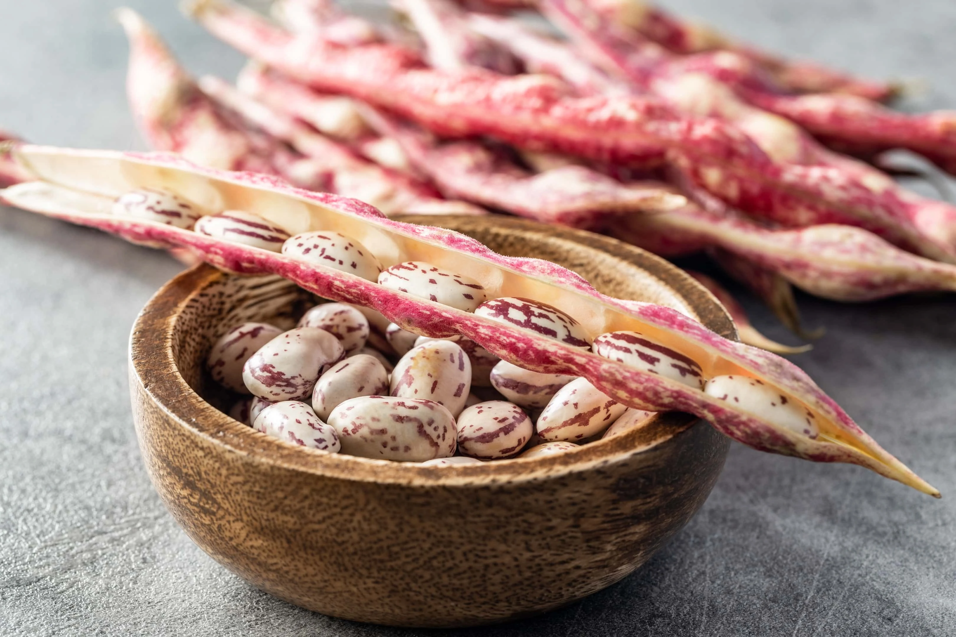 Cranberry beans — Borlotti beans in a wooden bowl and beans pods