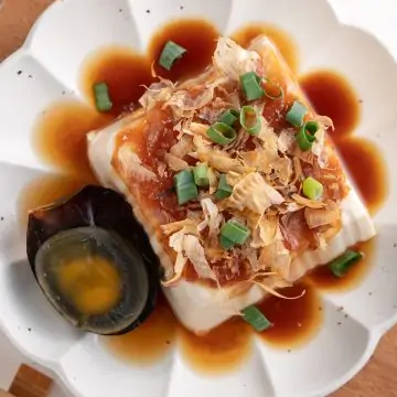 Delicious silken tofu recipe with soy sauce bonito flakes topping