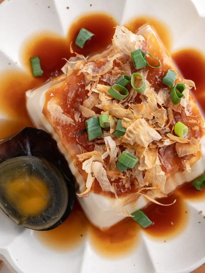 Delicious silken tofu recipe with soy sauce bonito flakes topping