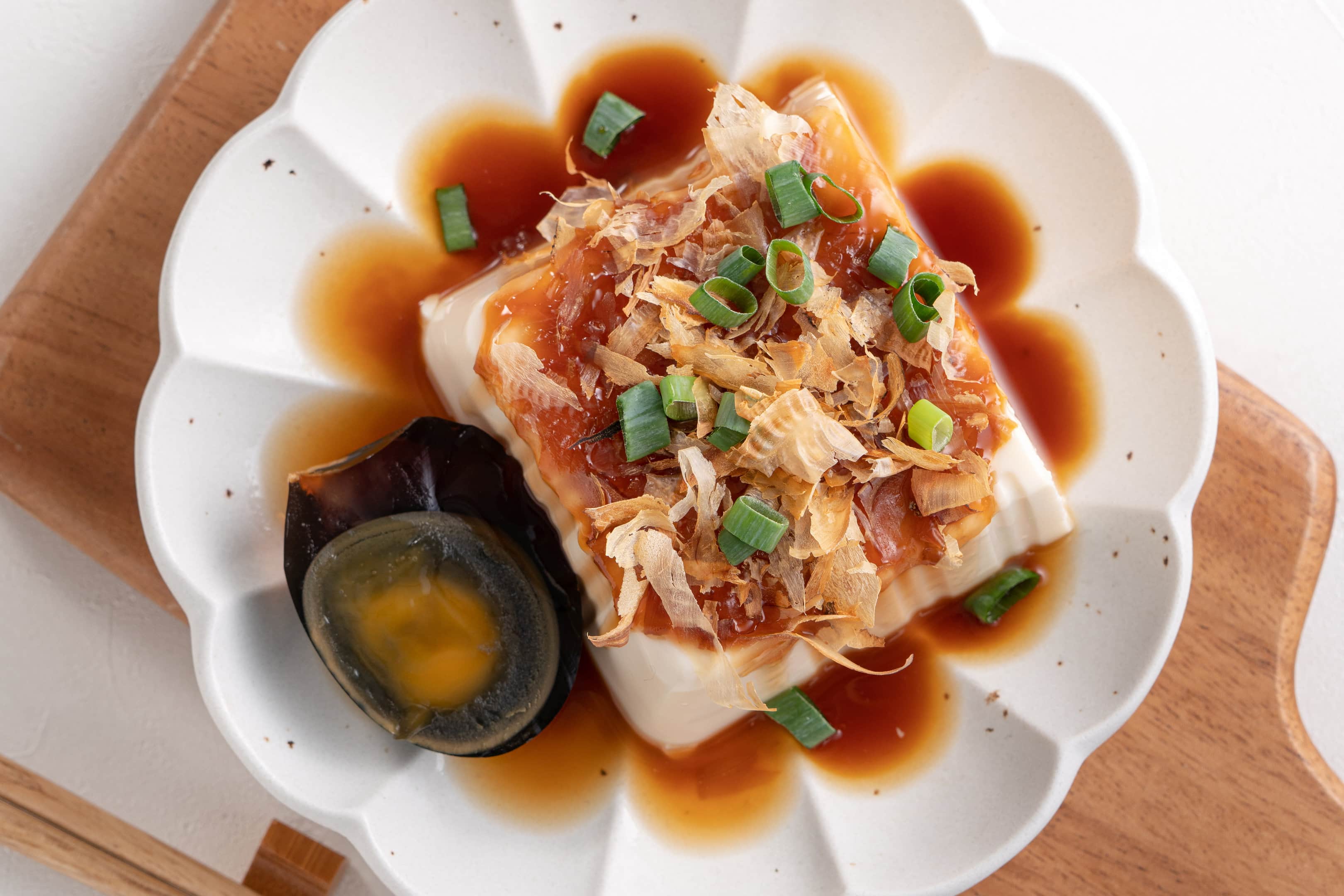 Delicious silken tofu recipe with soy sauce bonito flakes topping