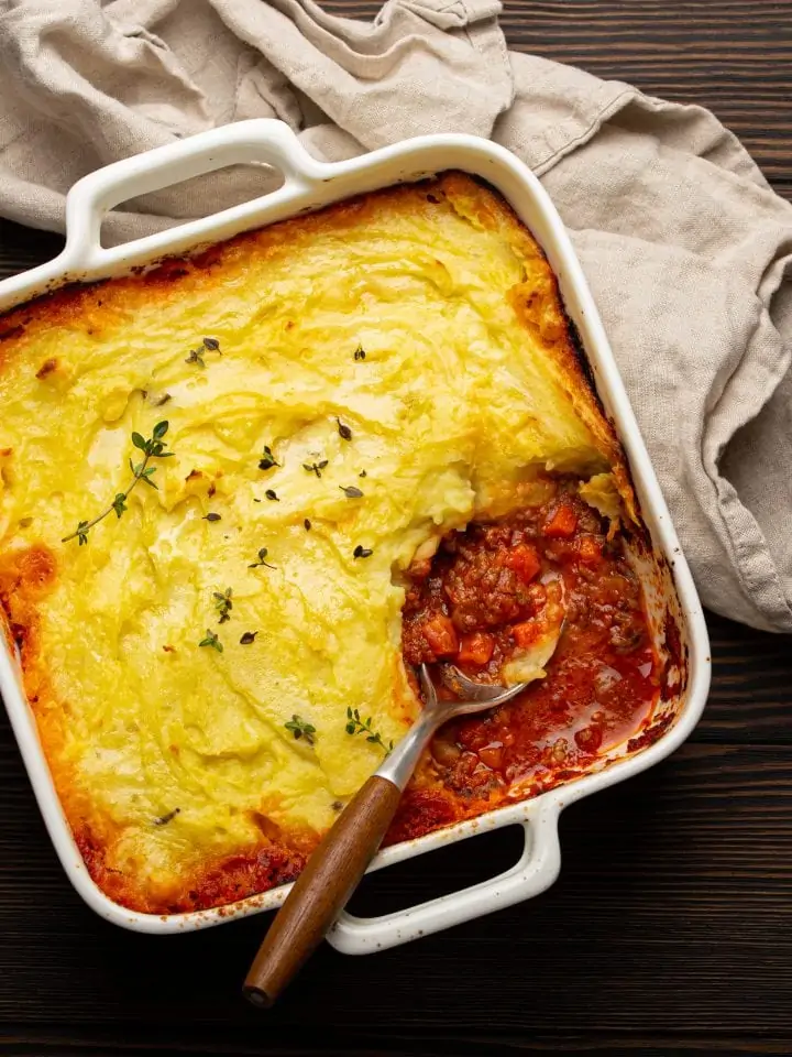 Traditional dish shepherd s pie casserole with minced meat mashed potatoes