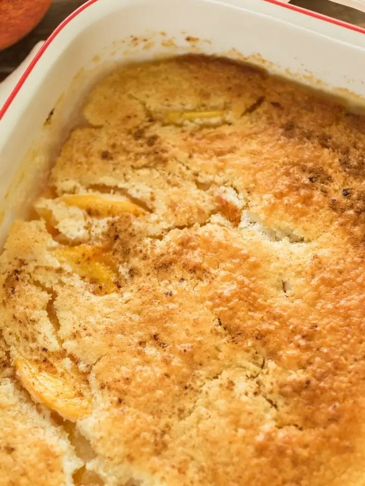 Freshly baked peach cobbler with canned peaches