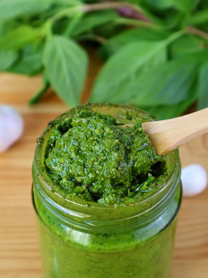 Homemade fresh basil pesto without pine nuts