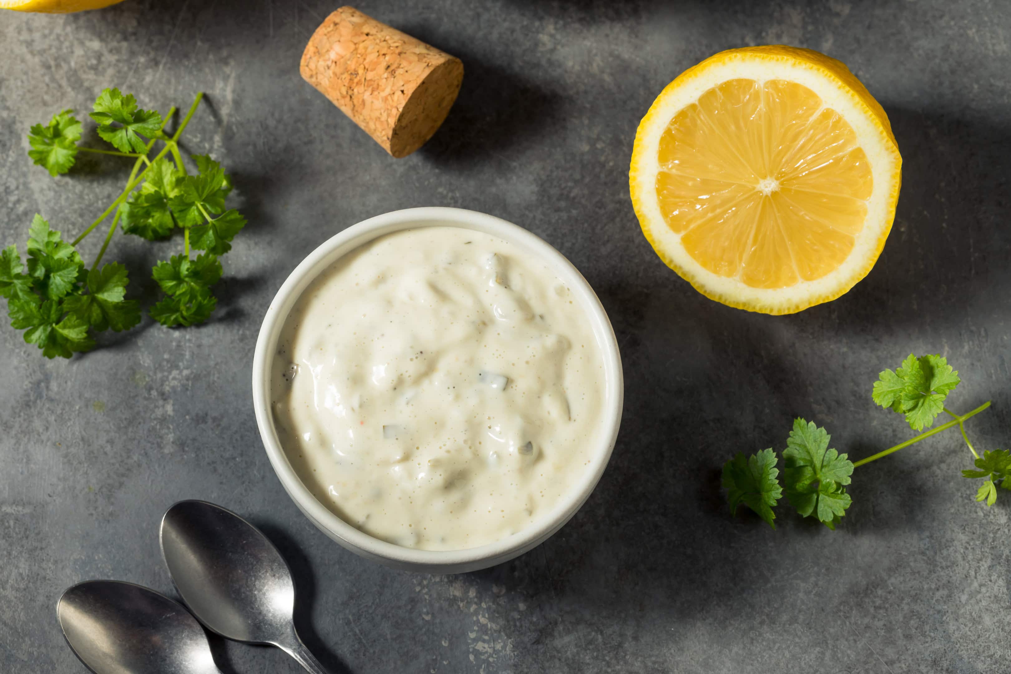 Homemade McDonalds tartar sauce with sliced lemon