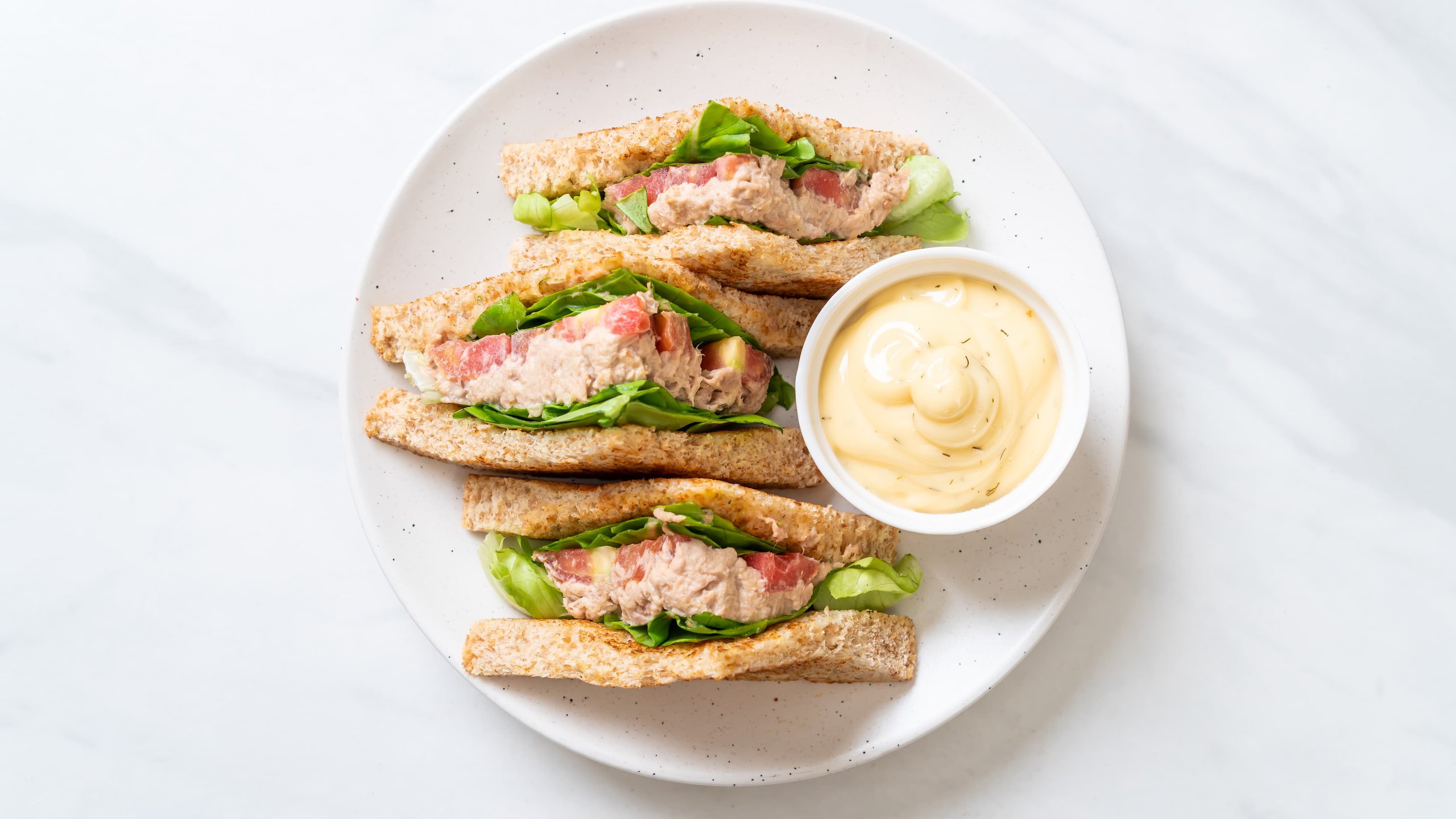 Homemade Panera tuna salad recipe sandwich with mayo dip