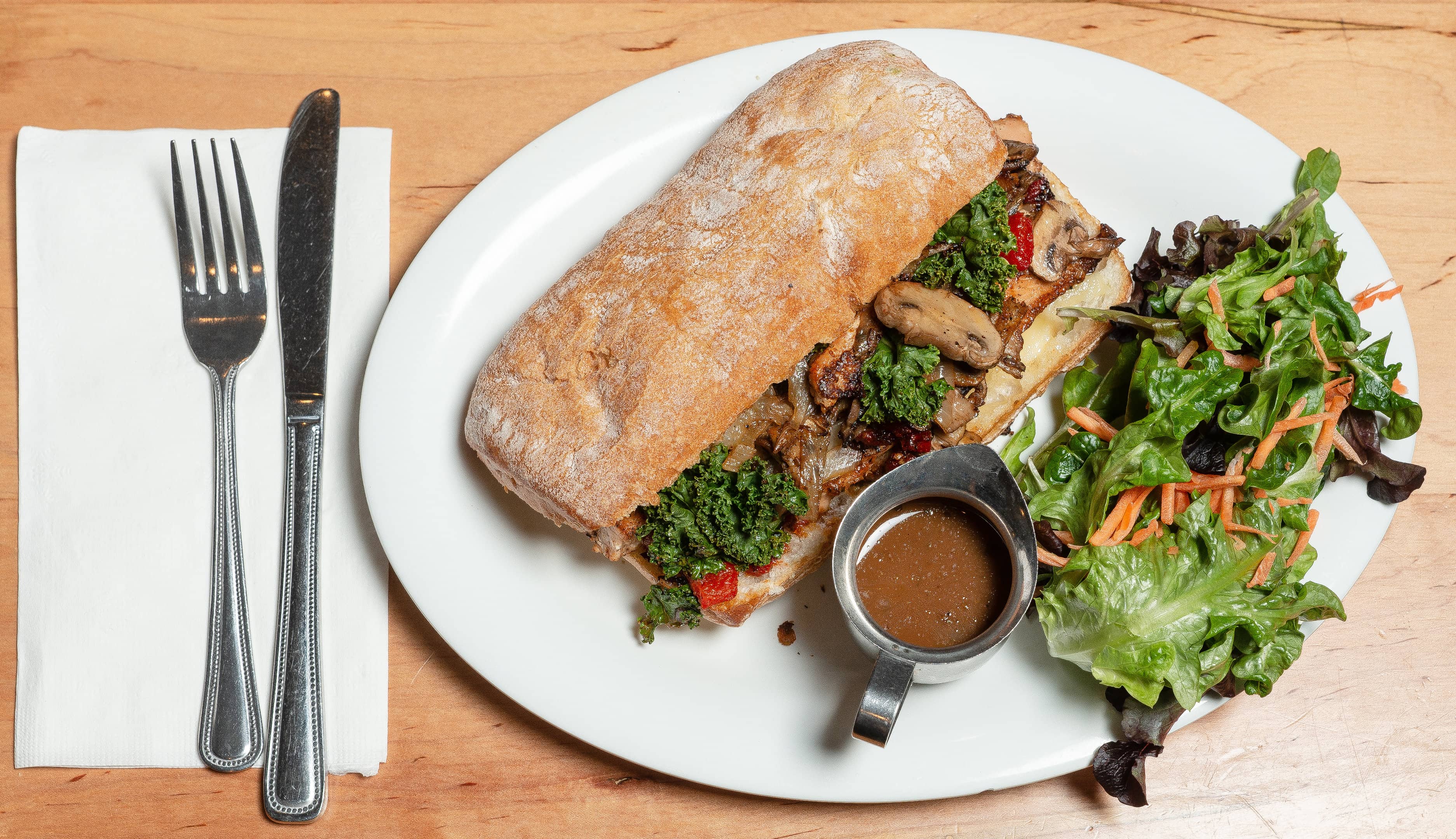 Juicy salmon cheese steak recipe with salad and gravy