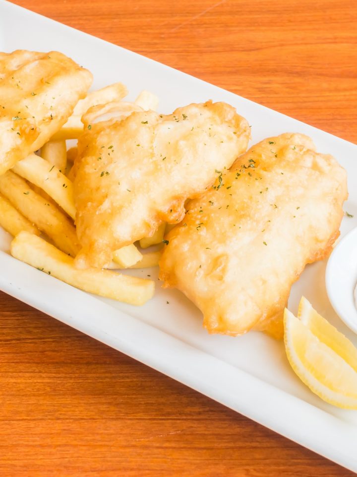 Long John Silver's batter fish with fries and mayonnaise