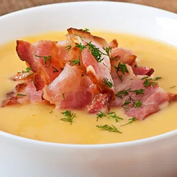 Creamy Rafferty's potato soup paired with fried bacon