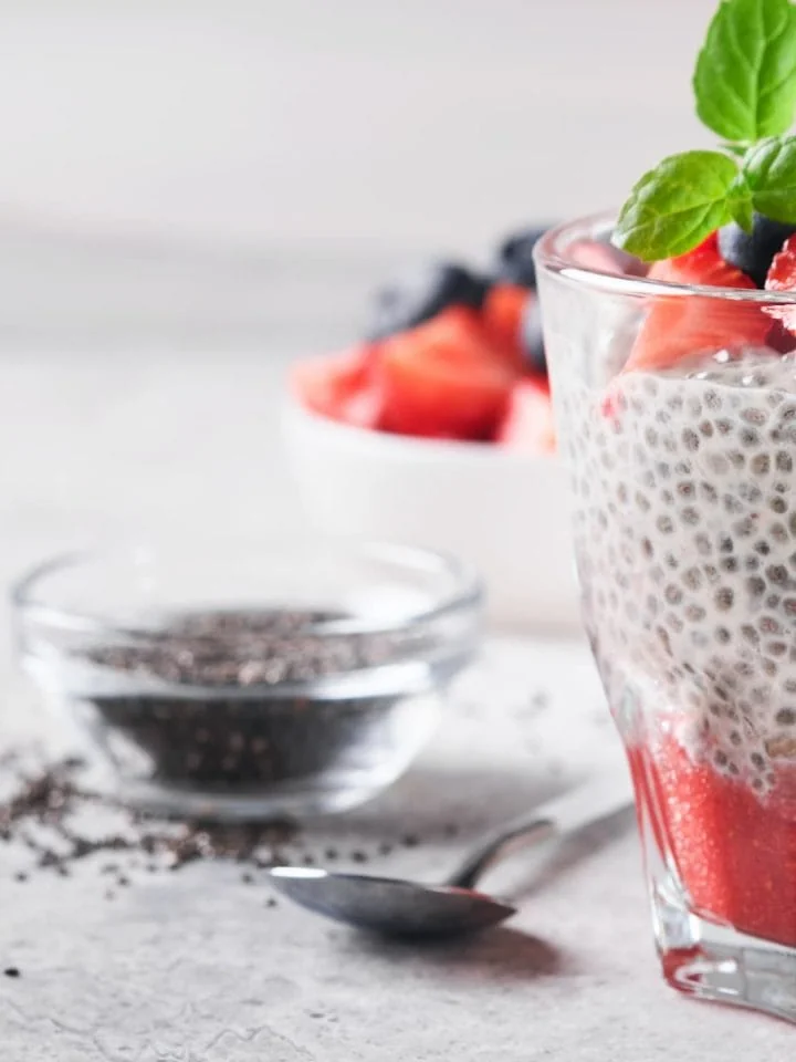 First Watch chia pudding with fresh strawberries, berries, and mint