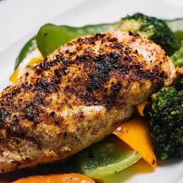 Grilled Texas Roadhouse herb crusted chicken with broccoli, bell pepper, and green pepper