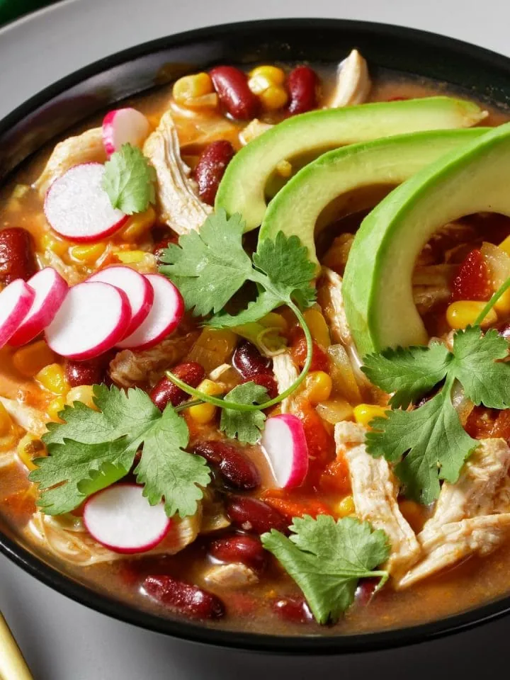 Flavorful chicken tortilla soup Pioneer Woman with tomato, corn, red kidney beans, avocado, radish, lime, chile and fresh cilantro
