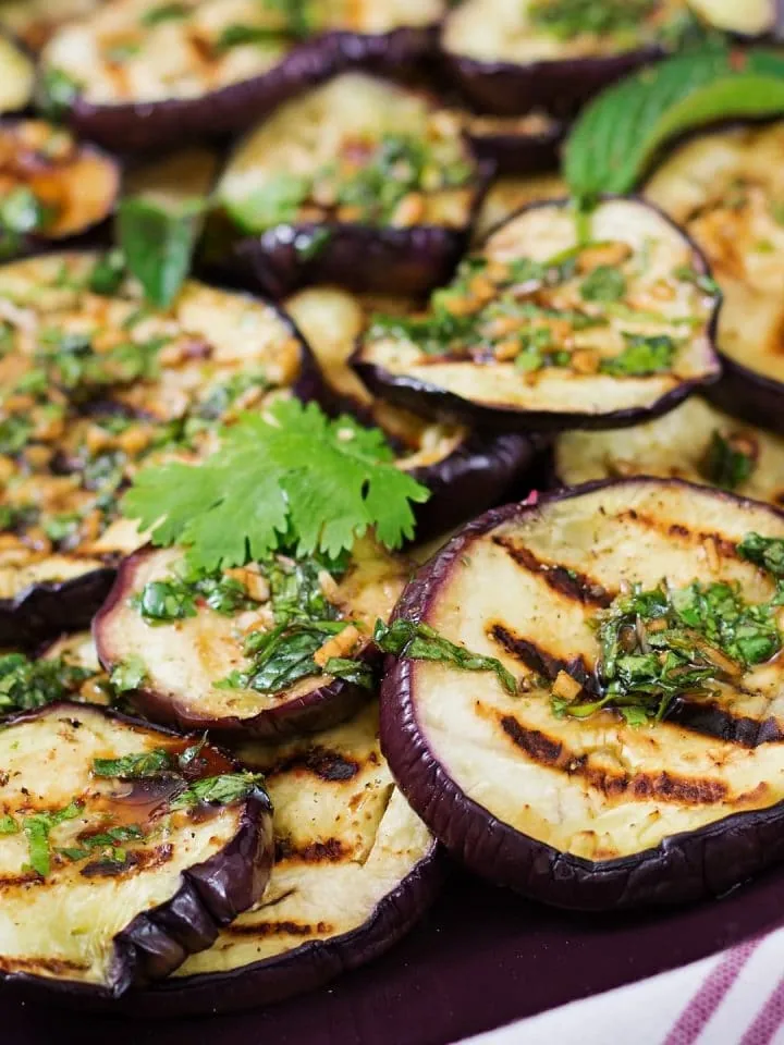 Roasted Graffiti eggplant with balsamic sauce, garlic, cilantro, and mint
