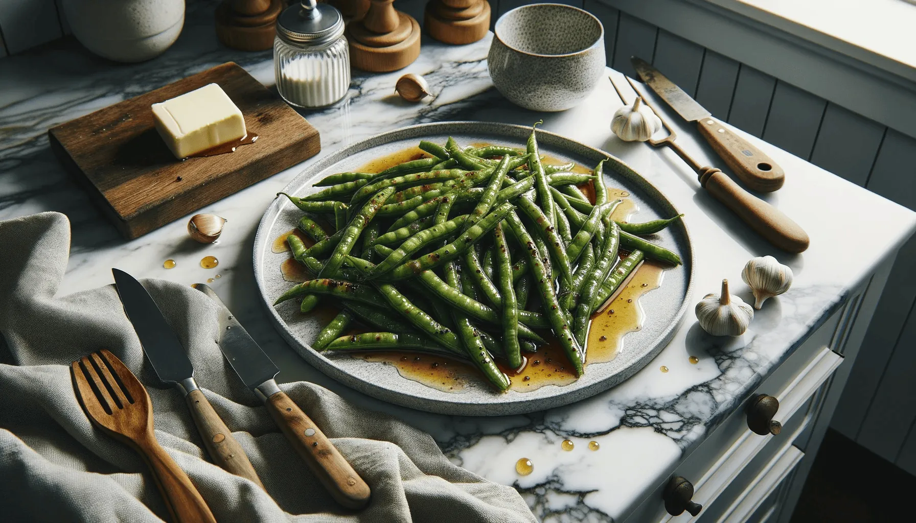 Maple-roasted green beans, ready to serve