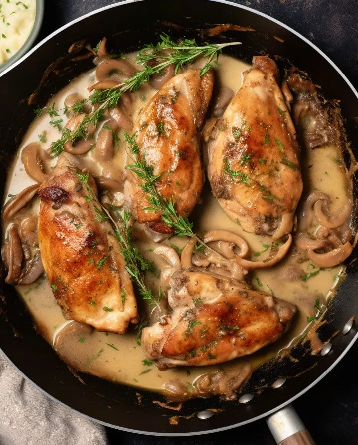 Pheasant breast in a pan, ready to serve