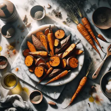 Roasted sweet potatoes and carrots, ready to serve