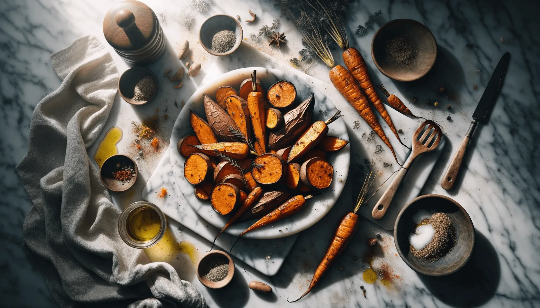 Roasted sweet potatoes and carrots, ready to serve