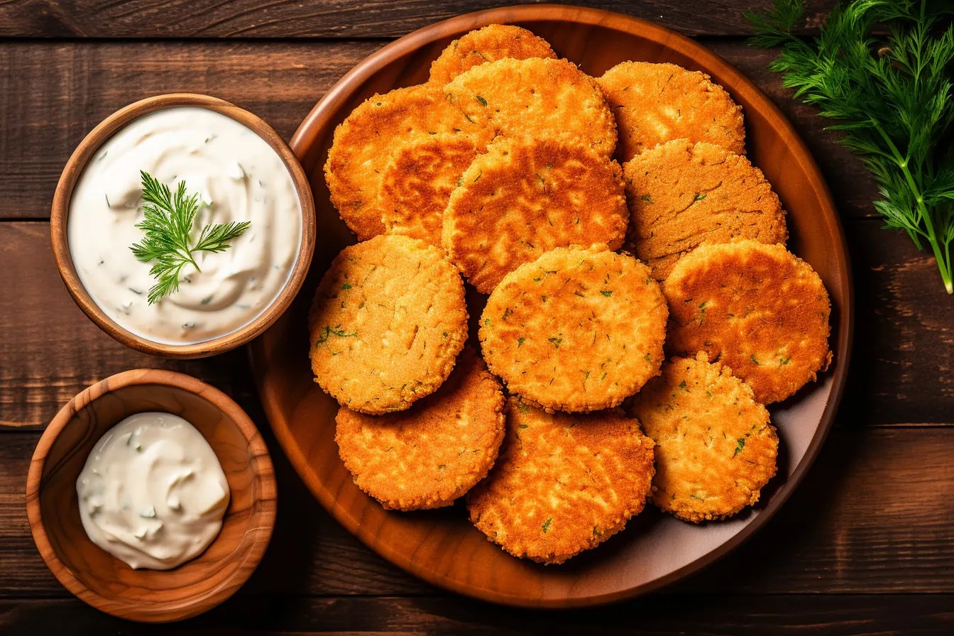Salmon patties with crackers and dip