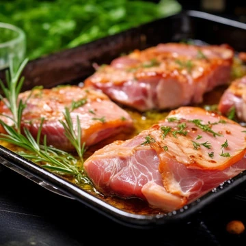 Seasoned fresh ham steak on a baking tray