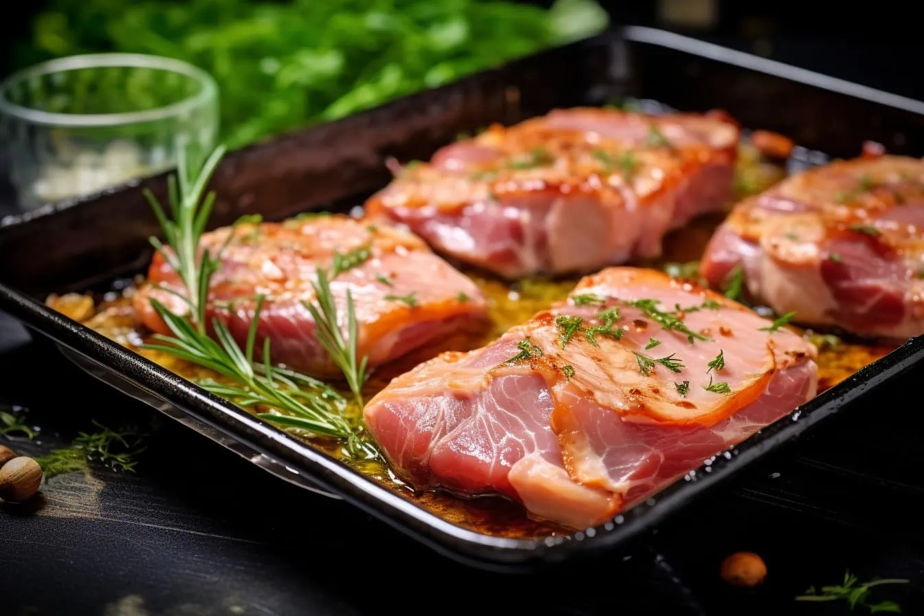 Seasoned fresh ham steak on a baking tray