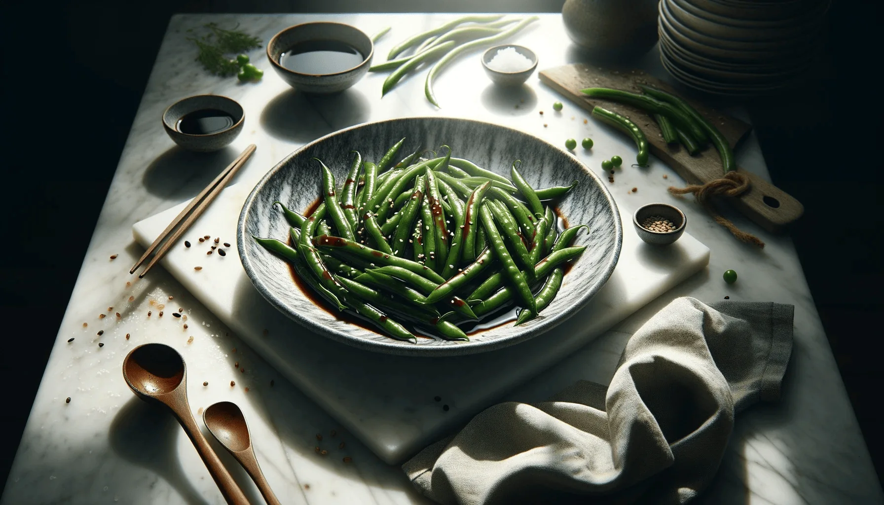 Soy-glazed green beans, ready to serve