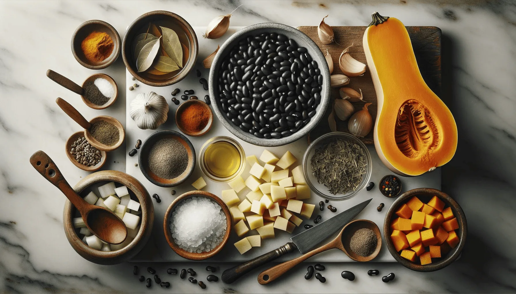 The ingredients for my black bean butternut squash stew recipe