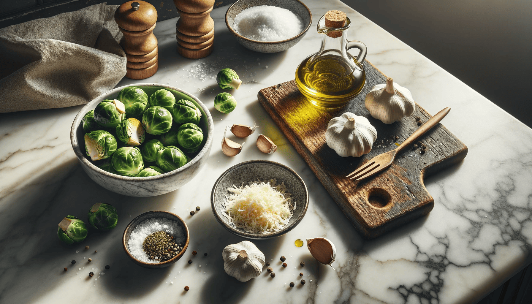 The ingredients for my crispy garlic parmesan Brussels Sprouts recipe
