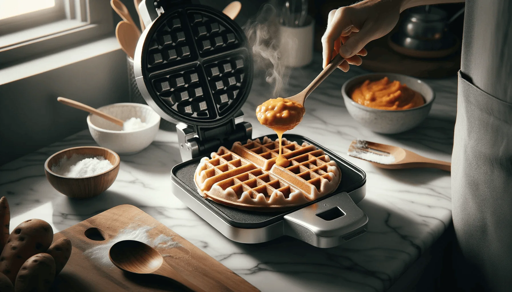 The making of sweet potato waffles