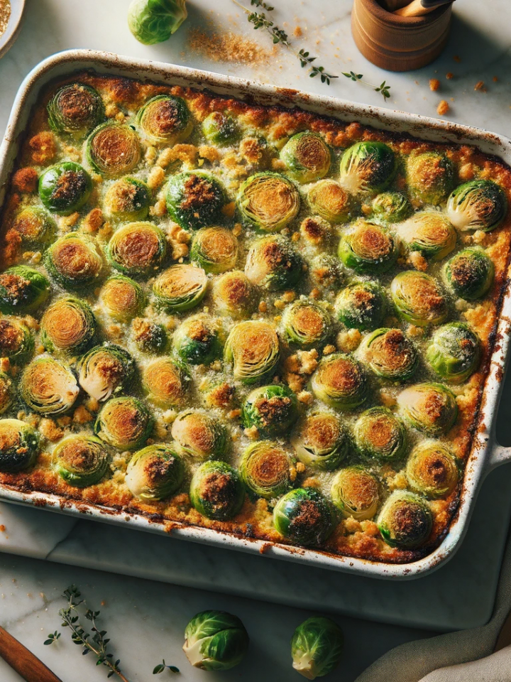 Vegan Brussels sprouts casserole recipe, ready to serve