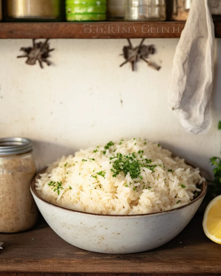 Butter rice, topped with parsley