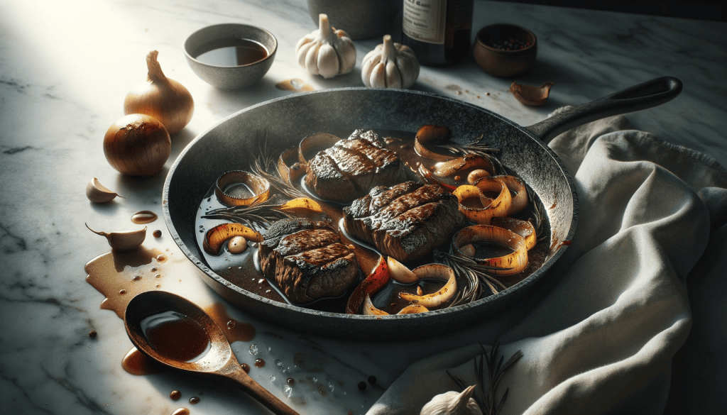 Steak slices drenched in a rich bubbling sauce, surrounded by garlic, onions, and bell pepper in a skillet, with a sauce-streaked wooden spoon on the side.