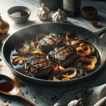 Steak slices drenched in a rich bubbling sauce, surrounded by garlic, onions, and bell pepper in a skillet, with a sauce-streaked wooden spoon on the side.