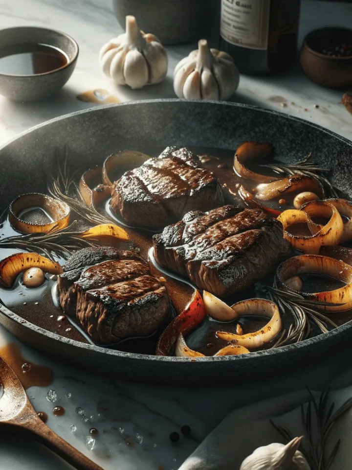 Steak slices drenched in a rich bubbling sauce, surrounded by garlic, onions, and bell pepper in a skillet, with a sauce-streaked wooden spoon on the side.