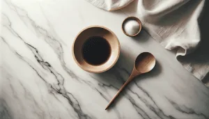 A wooden mixing bowl with soy sauce and a wooden spoon, next to a heap of sugar on a white marble kitchen top.
