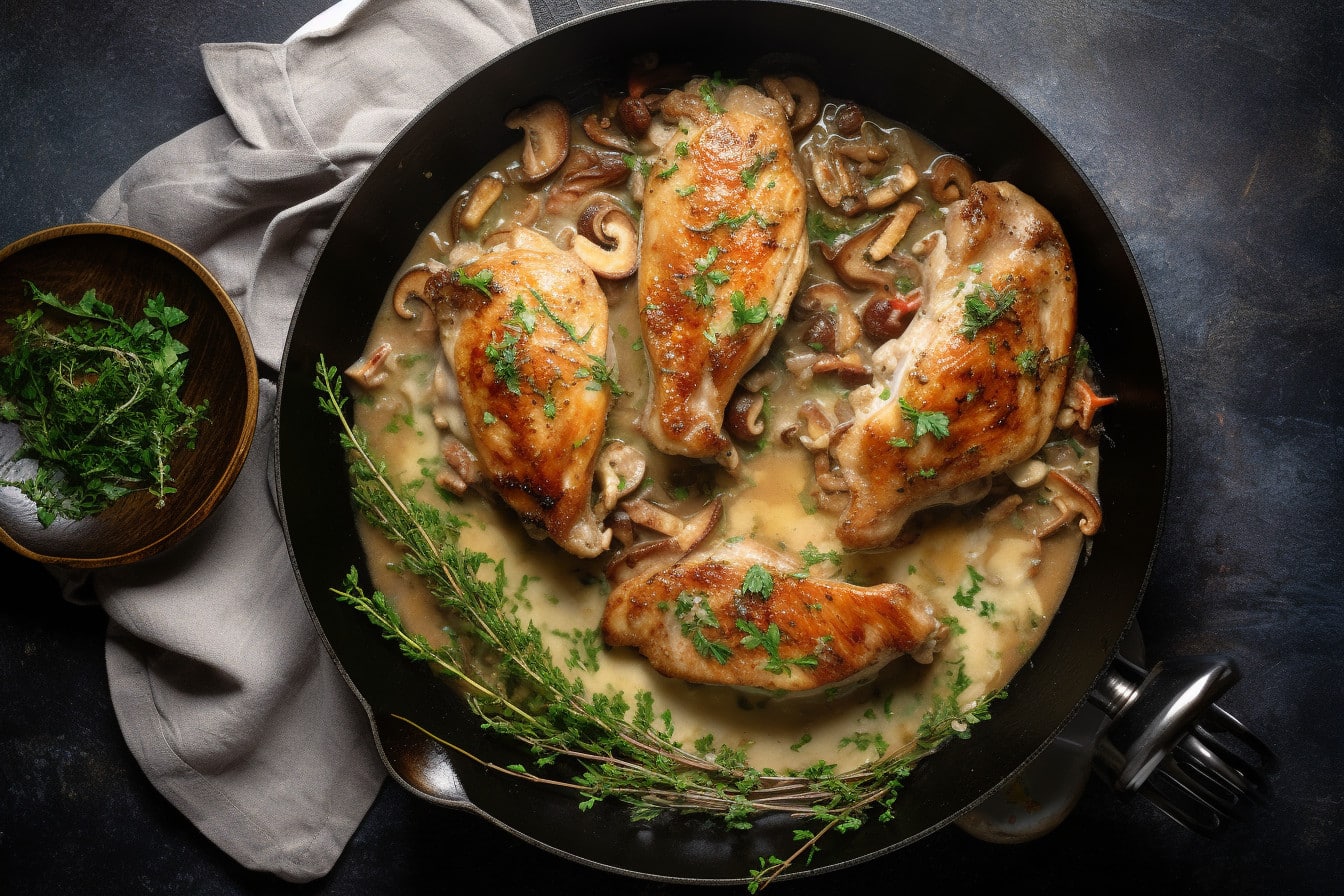 Pheasant breast, cooked with mushrooms