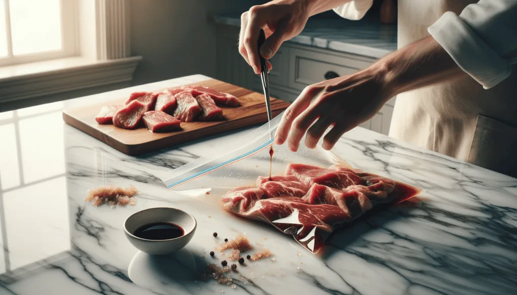 Pouring marinade over thinly sliced steak inside a ziplock bag on a marble kitchen top.