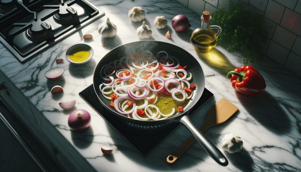 Sizzling skillet with garlic, onions, and red bell pepper on a marble kitchen top, ready to be stirred with a wooden spatula.