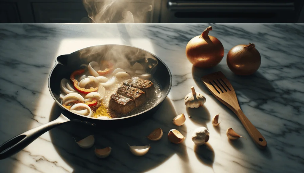 Sizzling steak slices on top of golden translucent garlic, onions, and bell pepper in a skillet on a white marble countertop, with a nearby wooden spatula.