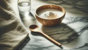 Wooden bowl with water, white vinegar, and cornstarch mixture beside a wooden spoon on a marble kitchen top.