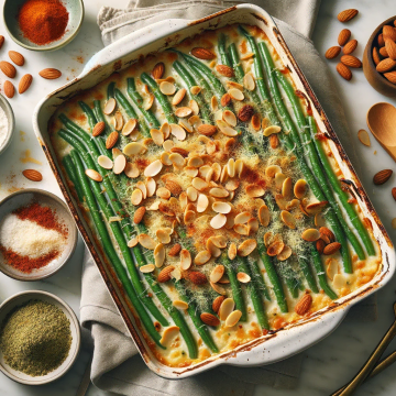 A completed keto green bean casserole in a baking dish on a marble countertop, topped with golden browned almonds and cheese, with cooking utensils around it