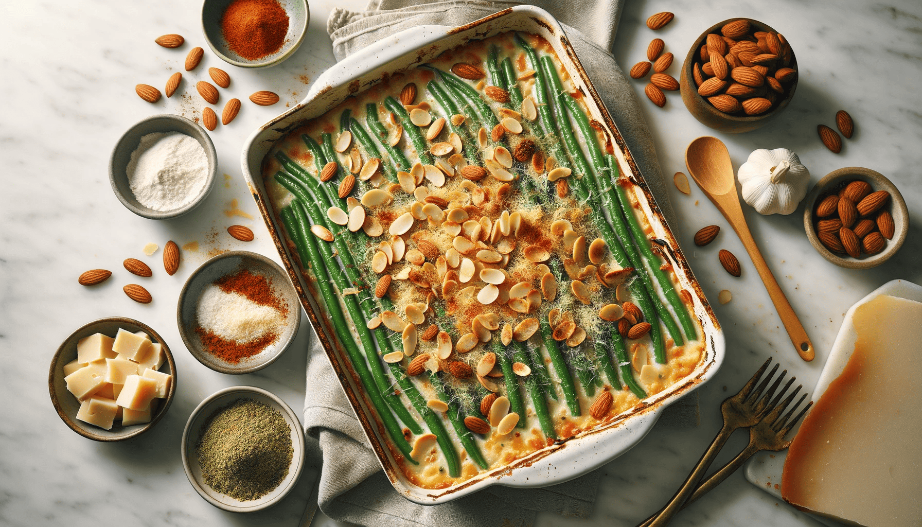 A completed keto green bean casserole in a baking dish on a marble countertop, topped with golden browned almonds and cheese, with cooking utensils around it