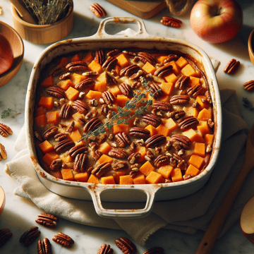 Completed sweet potato and apple casserole with a golden-brown pecan topping