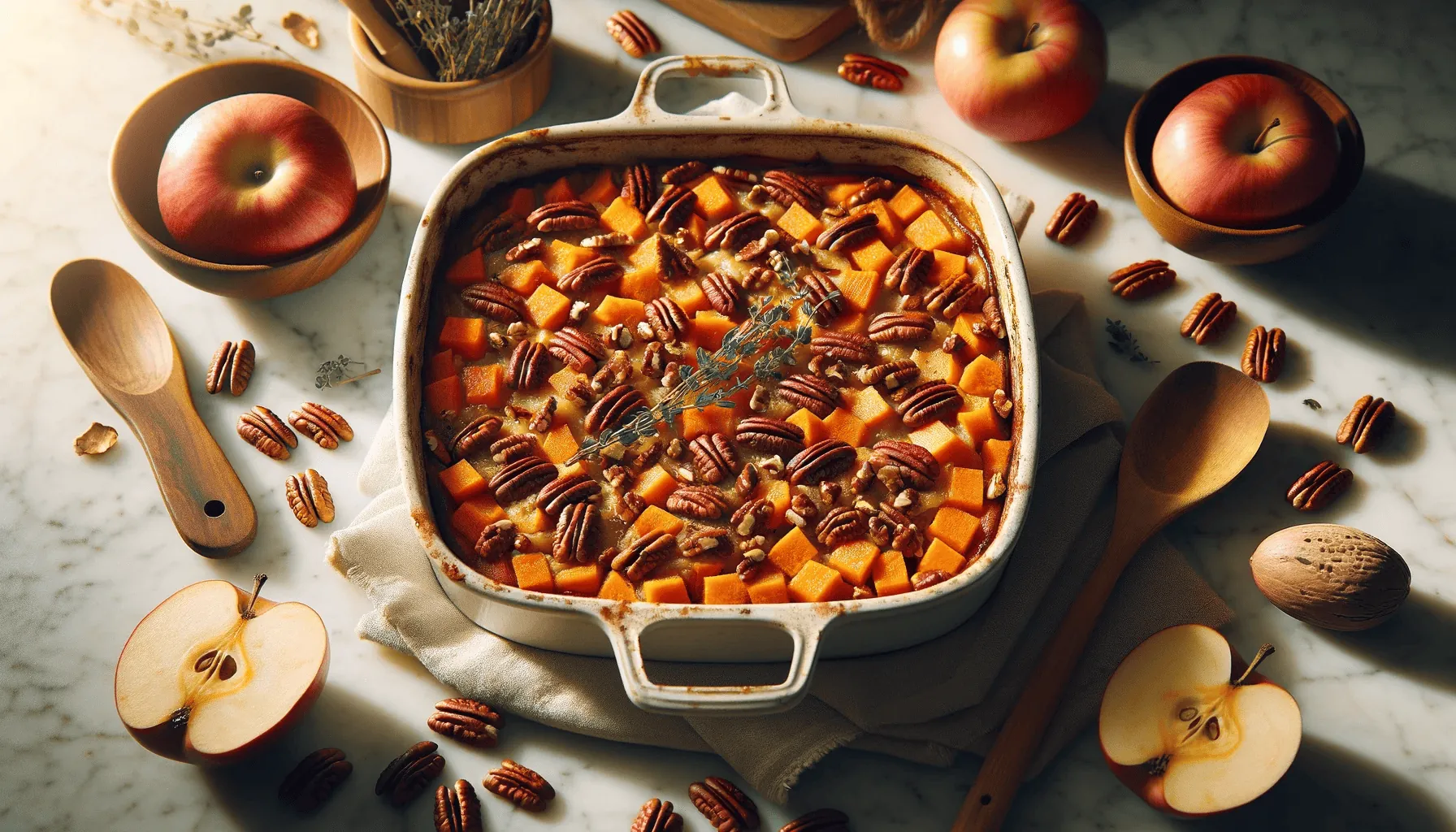Completed sweet potato and apple casserole with a golden-brown pecan topping