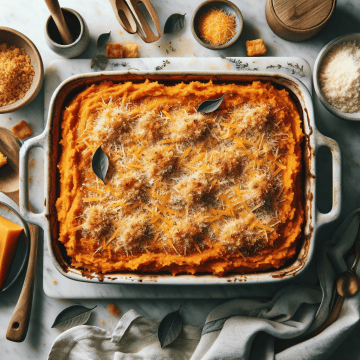 A golden-brown sweet potato casserole in a baking dish on a marble countertop, ready to be served