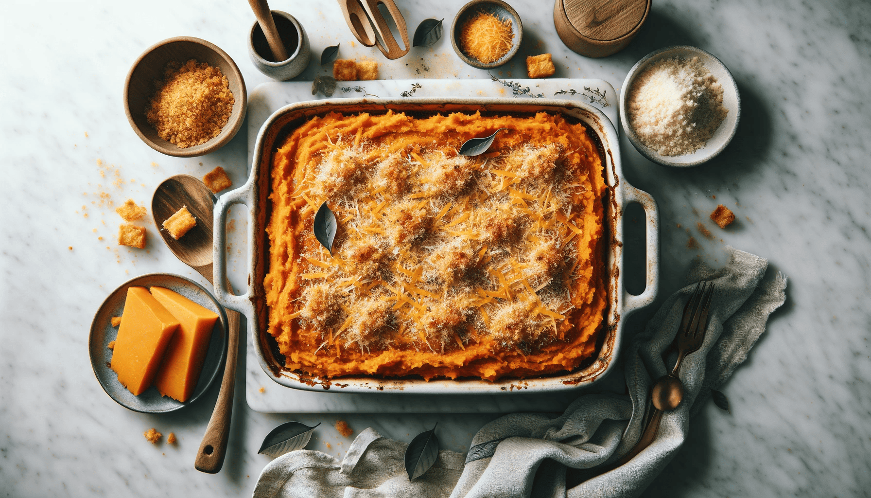 A golden-brown sweet potato casserole in a baking dish on a marble countertop, ready to be served