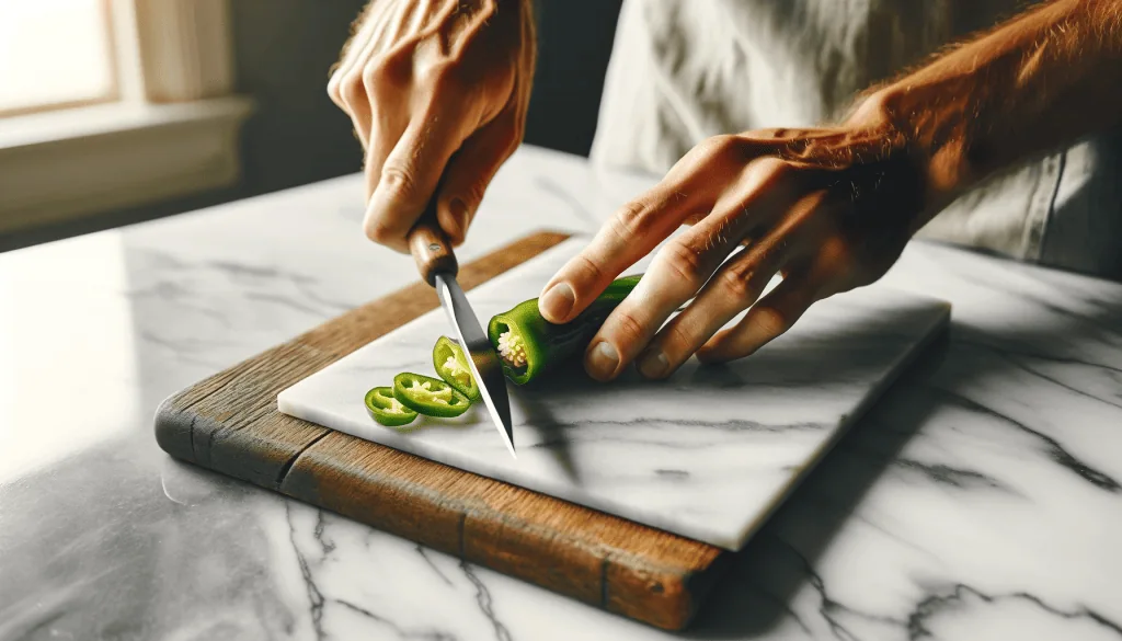 A hand carefully cuts a pepperoncini on a marble countertop under natural light