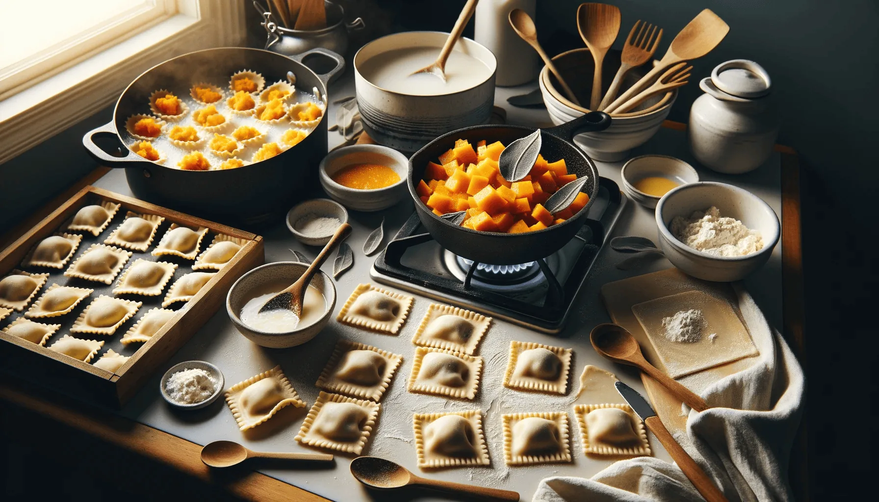 A kitchen scene with pots on the stove and filled pasta wrappers on a countertop